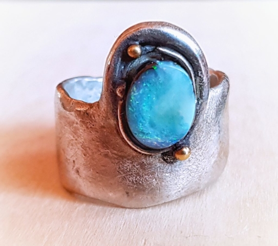 organic opal silver ring with golden granules