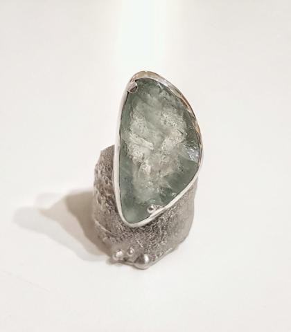 organic sterling silver ring with raw aquamarine, lost wax