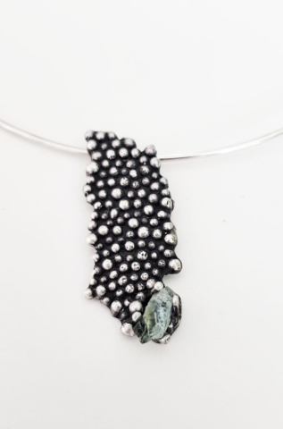 sterling silver pendant, granules, patina, raw aquamarine