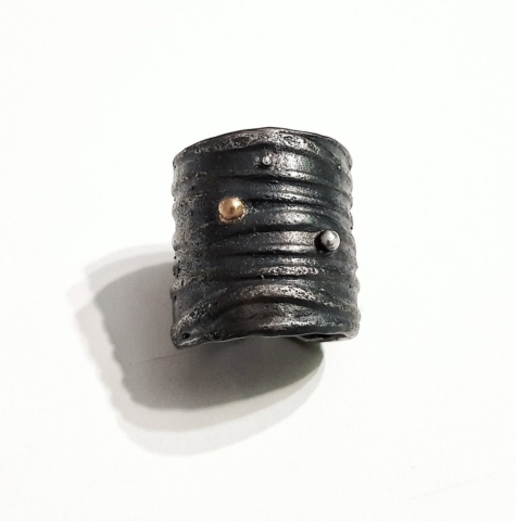 organic sterling silver ring with golden granule, patina, lost wax casting