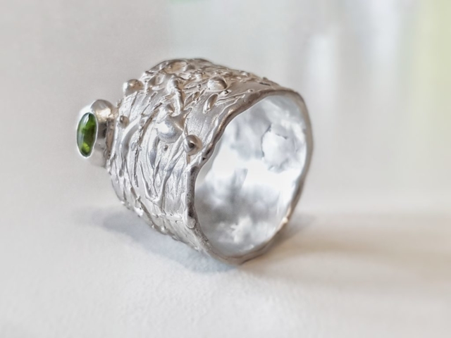 organic sterling silver ring with peridote, lost wax casting